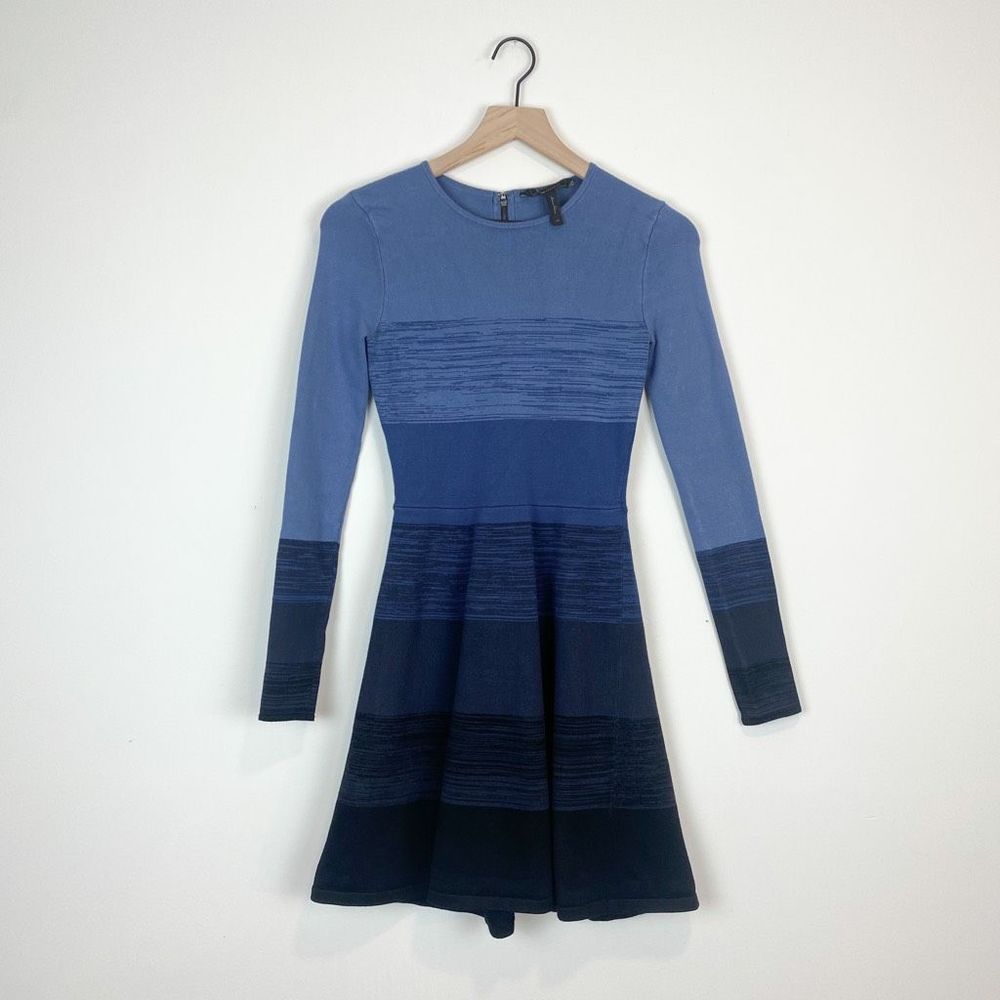 BCBGMaxazria Elita Long Sleeve Sweater Dress Ombré Striped A-Line Flared Dress